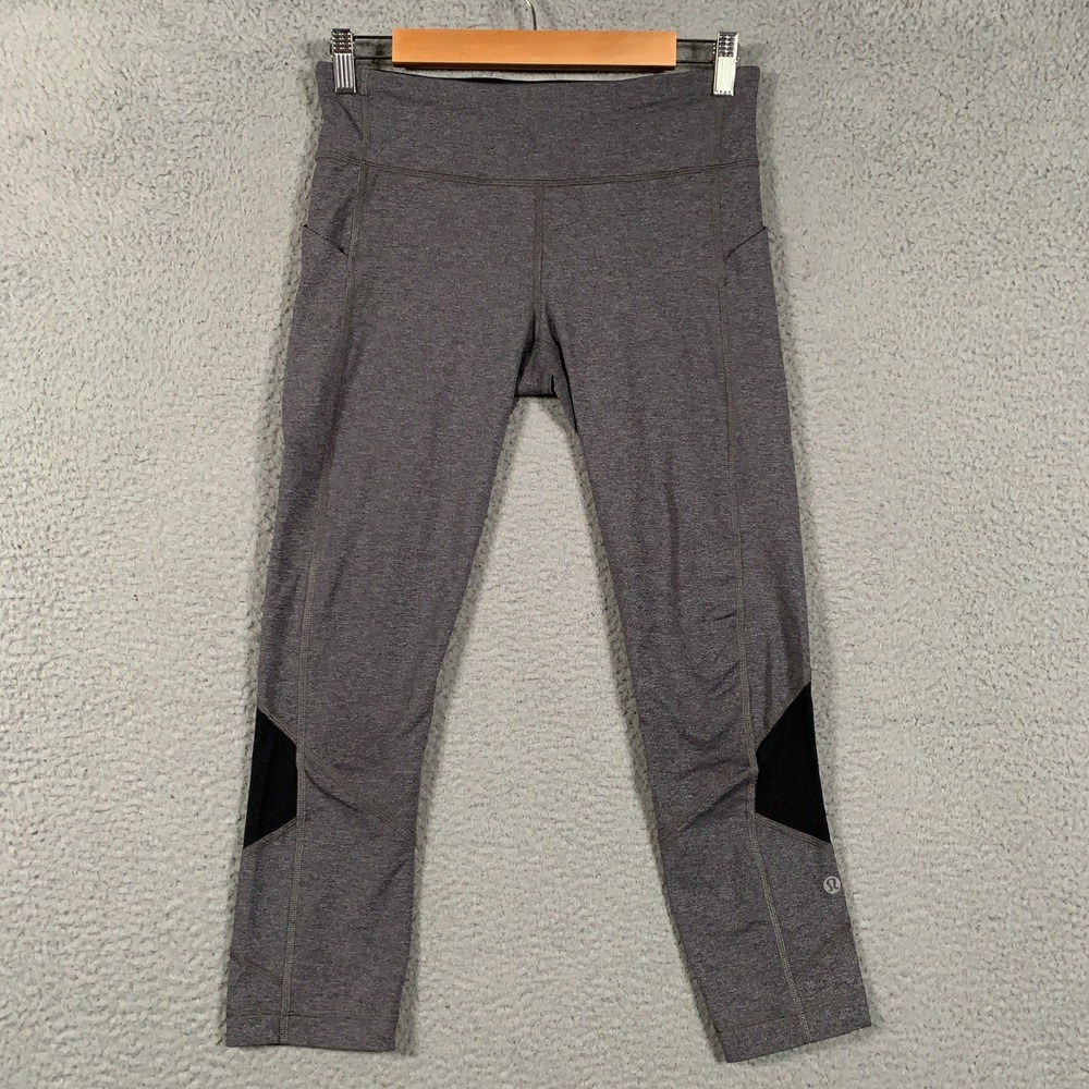 Lululemon Pace Rival Crop Leggings Womens 6 Gray Black Running Mesh Pockets Yoga